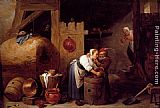 David The Younger Teniers Canvas Paintings - An Interior Scene With A Young Woman Scrubbing Pots While An Old Man Makes Advances